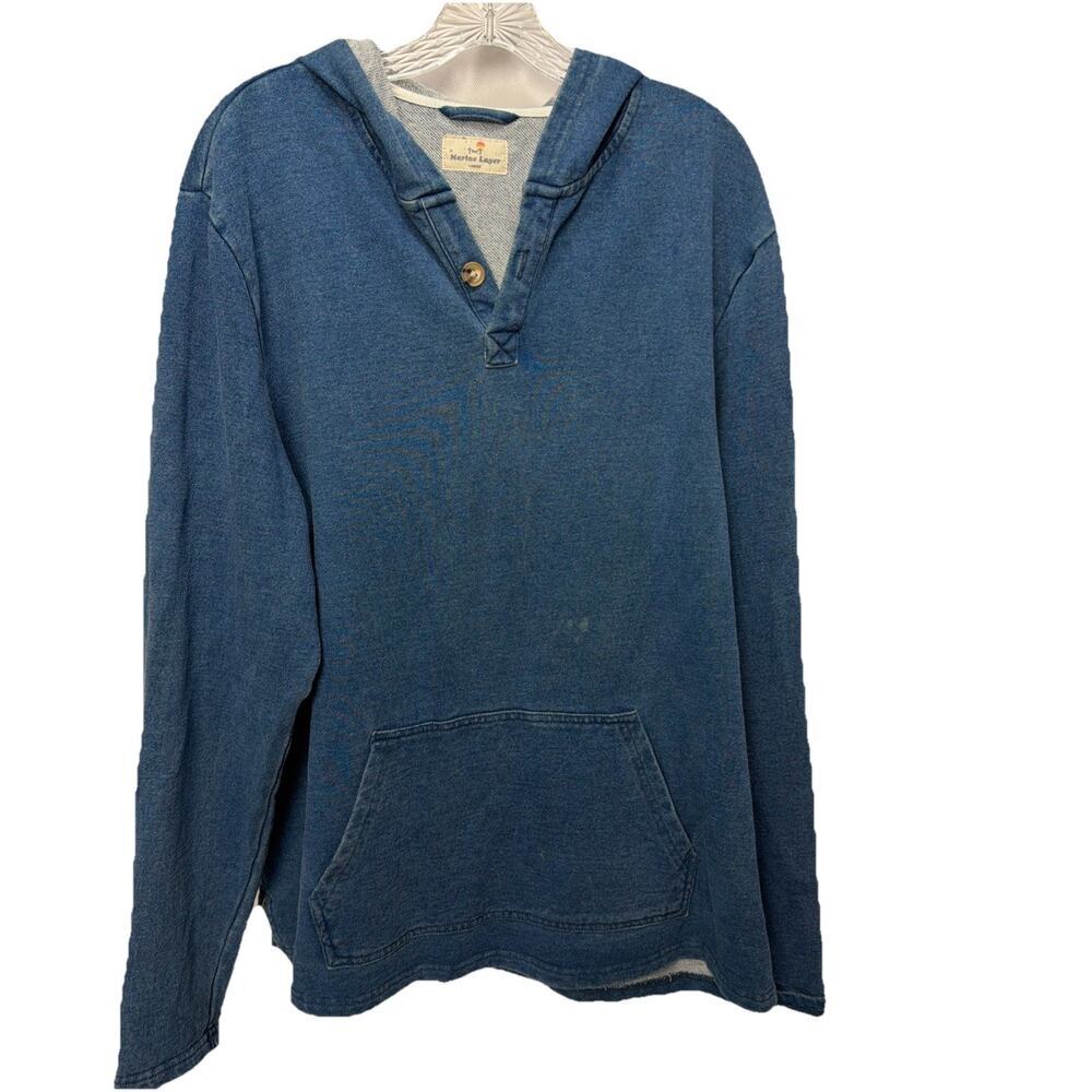 Marine Layer Hoodie Mens Large Blue Henley Pullover Fleece Kangaroo Pocket